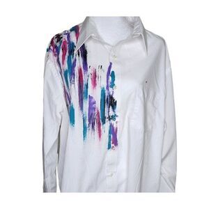 Vintage 80s Button Down Shirt Womens Size L White Purple Abstract Painted